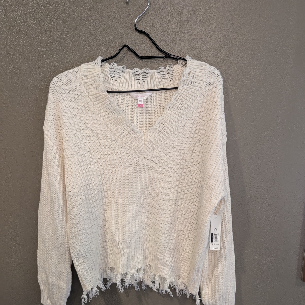 No Boundaries Cream V-Neck Sweater with Distressed Hem